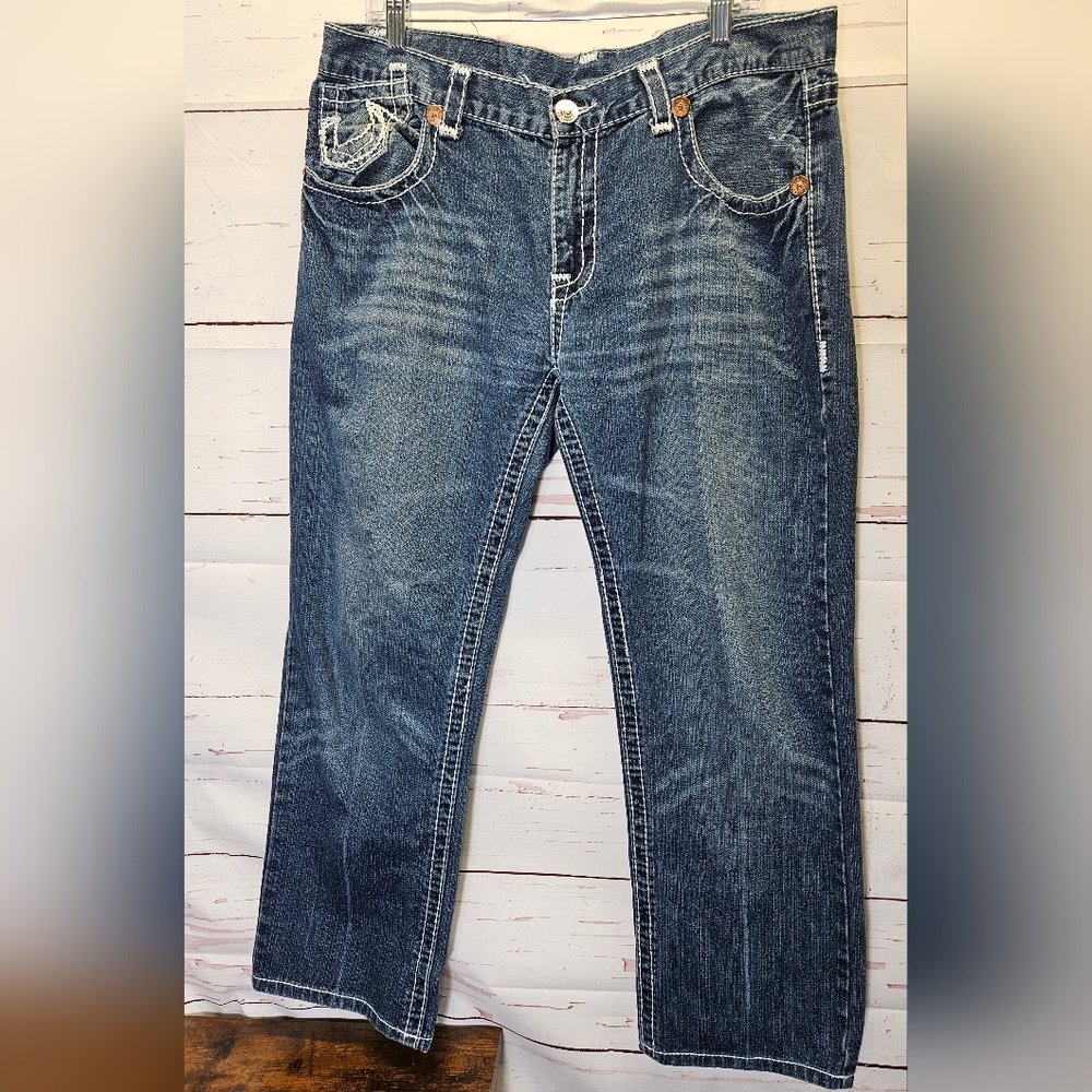 True Religion Relaxed Fit Dark Blue Jeans Buhda Embossed Pocket Size 38x27